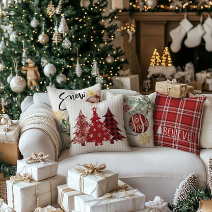 GEEORY Winter Christmas Throw Pillow Covers 18 x 18 Inch Set of 4, Xmas Trees Snowflake Snowman Joy Holiday Farmhouse Decorative Cushion Cases for Home Decoration G583-18