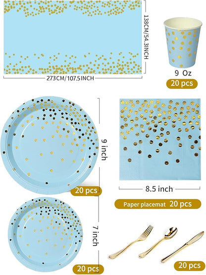 141 Pieces Light Blue and Gold Party Supplies, Party Dinnerware Sets Include Paper Plates Napkins Cups Silverware, for Wedding Bridal Shower Engagement Birthday Parties Decoration -20 Serves