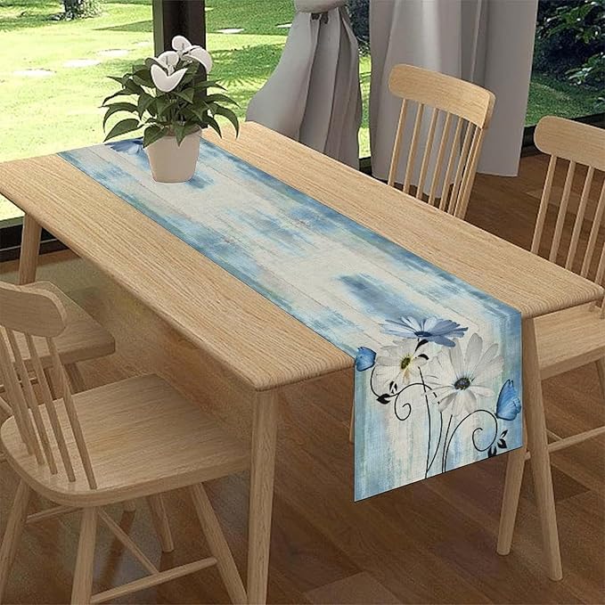 Farmhouse Floral Table Runner, Spring Seasonal Daisy Flower Retro Wooden Country Table Center Decor for Home Kitchen Dining Patio Holiday Party Indoor Outdoor Table Decorations, 13"x108" Inch
