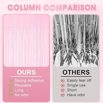 2 Pack Pastel Pink Tinsel Foil Fringe Curtains, Pink Party Decorations, Metallic Tinsel Party Streamers Backdrop for Birthday Baby Shower Graduation Wedding Gender Reveal Party Decorations