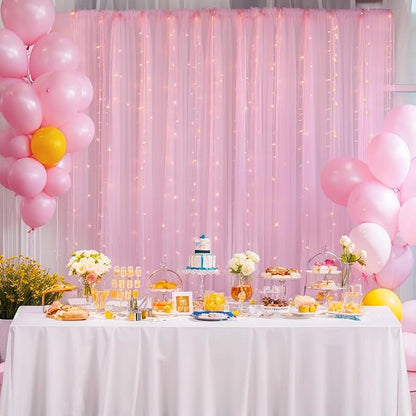 10×10ft Pink Tulle Backdrop Curtain with Lights String for Parties, Sheer Photo Curtain Backdrop Drapes for Wedding Party Photography Backgrounds