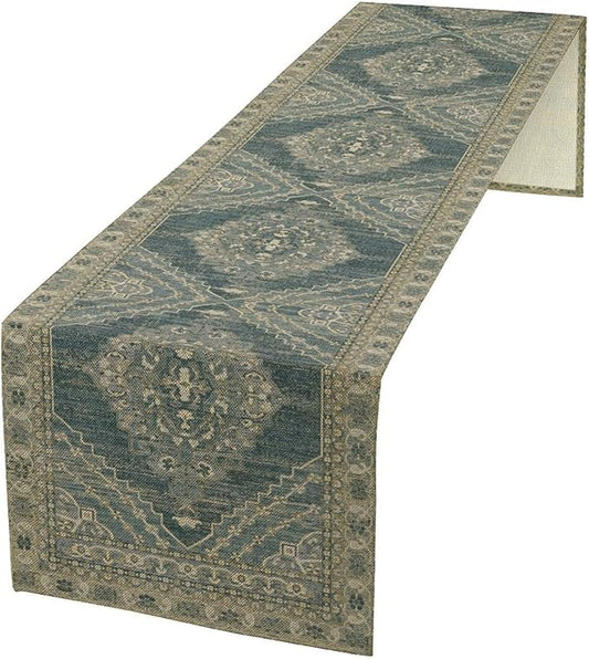 Boho Floral Vintage Table Runner, Blue Teal Retro Flower Rustic Country Farmhouse Pattern for Home Kitchen Table Decor Dining Coffee Room Party Decor 13x90in