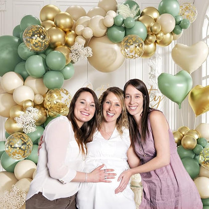160Pcs Sage Green Gold Balloon Garland Arch Kit, Olive Green White Sand Gold Confetti Balloon with Heart Foil Balloons for Baby Shower Birthday Wedding Engagement Party Decorations