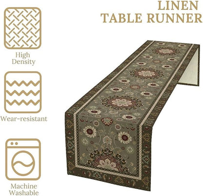 Vintage Paisley Floral Table Runner, Brown Boho Rustic Farmhouse Flower Pattern for Home Kitchen Table Decor Dining Coffee Room Party Decor 13x72in