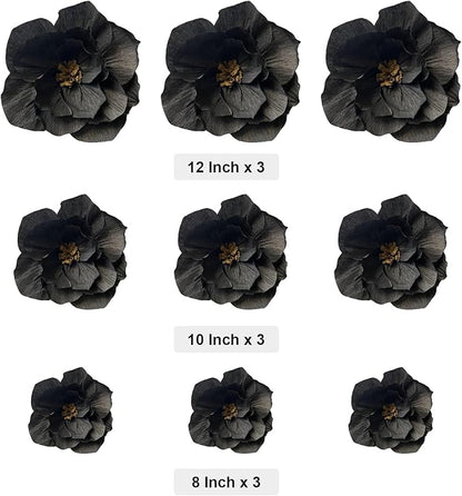 BRT Bearingshui Black Paper Flowers Decoration for Wall Total 9 Pcs, Artificial Flowers for Wedding Decor,Flower Backdrop Decor, Baby Bridal Shower Birthday Party, Black 3D Wall Flowers Decor