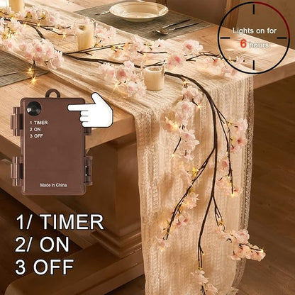 Fudios Lighted Garland Spring with Cherry Blossom 96 Fairy Lights 6FT for Mantle Year Round,Flower Garland with Lights with Timer Battery Operated for Wedding Party