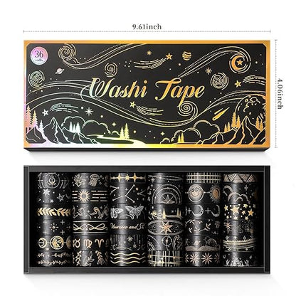 36 Rolls Glow-in-The-Dark Starry Washi Tape Set with Gold Foil Celestial Patterns - Writeable Decorative Tapes for Scrapbooking, Bible Journaling, Bullet Journals 0.6" x 79" per Roll