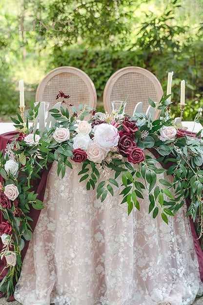 Ling's Moment 9FT Spring Flower Garland - Wedding Arch Flowers, Eucalyptus & Rose, Artificial Floral Garland for Mantle - Sweetheart Table Decor for Reception, Backdrop Decorations, Marsala