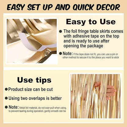 3 Pack 29 x108 Inch Champagne Gold Foil Fringe Table Skirts Metallic Banner for Tinsel Streamer Garland Backdrop for Parade Floats Mother's Day, Graduate, Birthday, Wedding Party Decoration