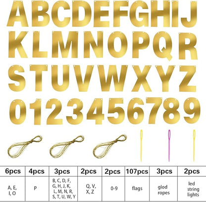TaoBary 112 Pcs DIY Letter Kit Glitter Customizable Banner Letters Include 107 Letters and Numbers 3 Rope and 2 Needles for Birthday Halloween Christmas Wedding Valentine Party Decor(Bright Gold)
