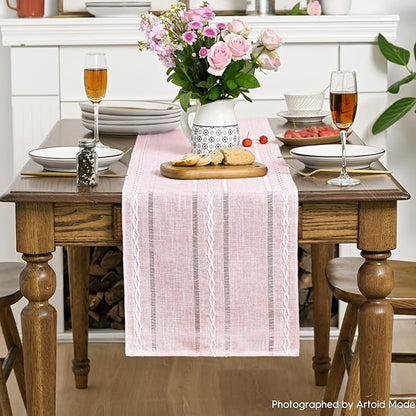 Artoid Mode Pink Rustic Cotton Linen Table Runner, Seasonal Embroidered Hollow Kitchen Dining Table Decoration for Home Party Decor 13x36 Inch