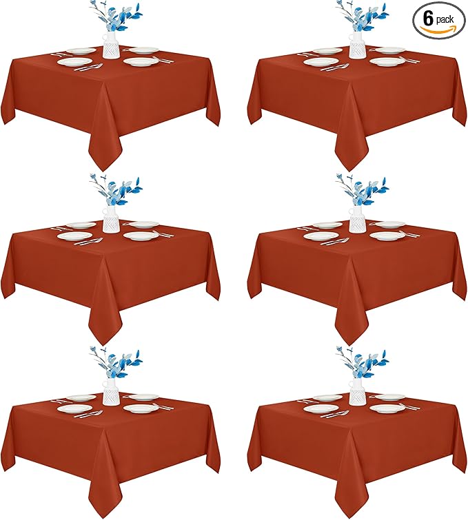 Fitable 6 Pack Square Fall Tablecloths - 70 x 70 Inches, Rust - Stain Resistant and Reusable Table Clothes, Polyester Fabric Table Covers for Dining, Card Tables, Coffee Tables