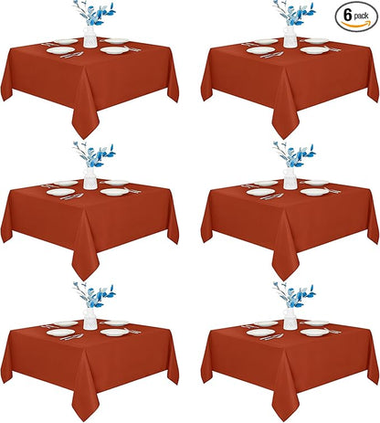 Fitable 6 Pack Square Fall Tablecloths - 70 x 70 Inches, Rust - Stain Resistant and Reusable Table Clothes, Polyester Fabric Table Covers for Dining, Card Tables, Coffee Tables