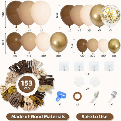 Amandir 153pcs Brown Balloon Garland Arch Kit, Different Sizes 18 12 10 5 inch Brown Nude Latex Metallic Confetti Gold Balloons for Neutral Bear Baby Shower Safari Birthday Party Decorations Supplies