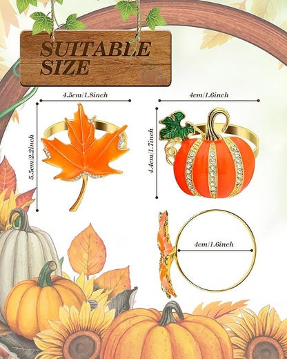 KPOSIYA Fall Napkins Rings, 6 Pcs Thanksgiving Napkin Ring Fall Maple Leaf Napkin Rings and Halloween Pumpkin Napkin Holders for Thanksgiving Table Decorations, Fall Banquet, Holiday Dinner Party