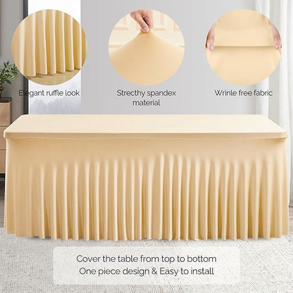 2 Pack Champagne Spandex Table Clothes for 4 Foot Rectangle Tables, 4FT Wrinkle Free Fitted Tablecloths Ruffles Design Table Cover for Party, Banquet, Wedding and Events