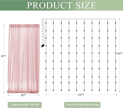 Tulle Backdrop Curtain with Lights String 10FT X 8FT Dusty Rose Sheer Tulle Backdrop Curtains for Wedding Birthday Party Reception Photo Booth Background Decorations (2 Panels 5x8FT)