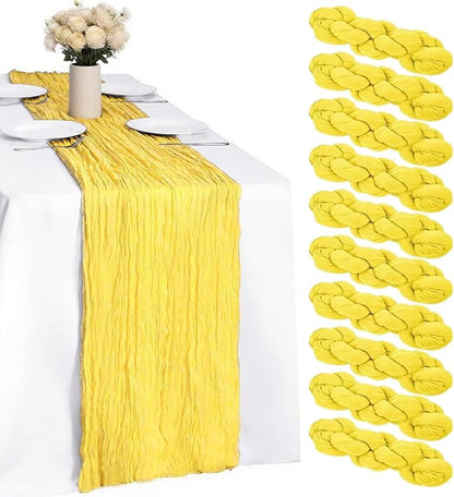 10 Pack Yellow Cheesecloth Table Runner -21*120Inch Long Boho Wedding Table Decor, Rustic Gauze Fabric Runner for Bridal Showers, Baby Showers & Parties (Sheer, Lightweight, Wrinkled Design)