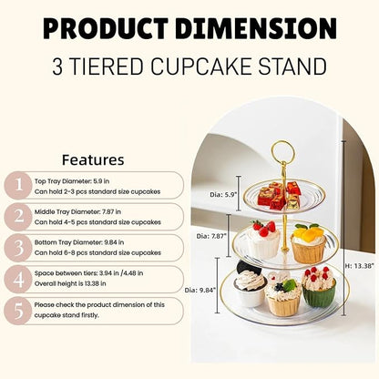 RAUVOLFIA 3 Tier Cupcake Stand, Small Tiered Serving Cake Stand, Transparent Plastic Dessert Stand, Weddings Parties Pastry Serving Tray (2 Pack, Clear Plate with Gold Rim)