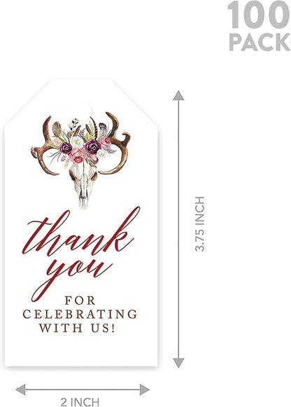 Andaz Press 100-Pack Thank You for Celebrating with Us Favor Tags Boho Rustic Floral Antlers Cardstock Gift Tags with Bakers Twine for Wedding Baby Shower Bridal Shower Party Favors 2 x 3.75-Inches
