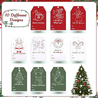 100PCS Christmas Gift Tags 10 Styles Merry Christmas Gift Tags with String Modern Kraft Name Tag for Present Wrapping Xmas Holiday Festive Party Favors