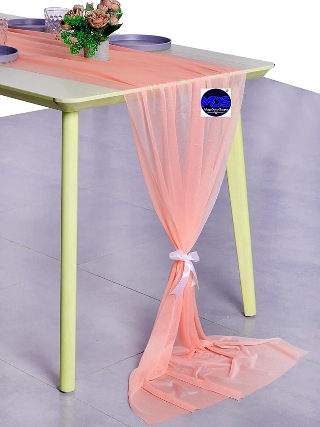MDS Halloween Chiffon Table Runner - 12 Pack, 29 x 170 Inches, 14ft Each - Sheer Spooky Table Runners for Haunted House Parties, Trick-or-Treat Tables, Witchy Décor, Wedding & Events - Peach