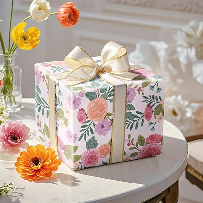 RUSPEPA Floral Wrapping Paper Roll for Women Girls, Mini Roll, Watercolor Pink Rose Gift Wrap, Flower and Foliage Paper for Wedding, Birthday, Mother's Day, Spring, Bridal Shower, 17 Inch X 16.4 Feet