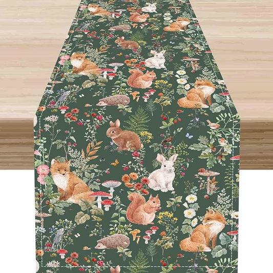 Rustic Forest Table Runner, Farmhouse Wild Woodland Animals Country Deer Fox Rabbits Watercolor Table Center Decor for Home Kitchen Dining Patio Holiday Party Outdoor Table Decorations, 13"x90" Inch