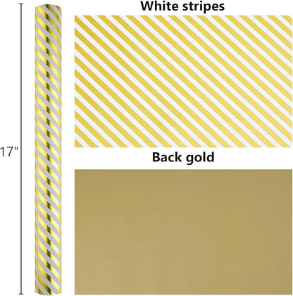 Burymento Platinum Stripe Wrapping Paper, Reversible Gold Gift Wrap for Birthday, Valentines, Mothers day, Graduation, Wedding, Fathers day, Baby Shower, Christmas (17in x 32.8ft)