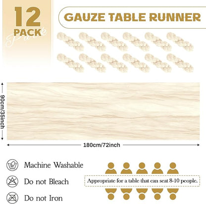 Aktor 12 Pack Ivory Table Runner Boho Cheesecloth Table Runner Semi Sheer Gauze Fabric Runners for Wedding Birthday Baby Shower Party Boho Table Decoration（Ivory）
