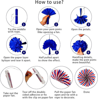 26Pcs 4th of July Decorations Patriotic Decor USA Flag String Red White Blue Paper Fans Star Streamer Pom Poms Hanging Swirls for Memorial Day,Fourth of July,Armed Forces Day,Flag Day