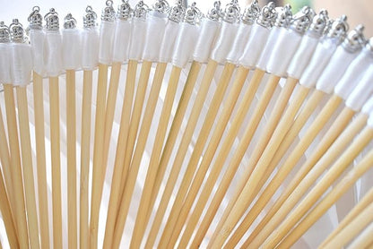Kingsnow 100 Pieces Lace Wedding Ribbon Wands with Triple Ribbon and Silver Bell Wand Silk Fairy Stick Wand Streamers Party Ribbon Sticks Magic Fairy Wands for Wedding Bridal Shower Photo Prop Send