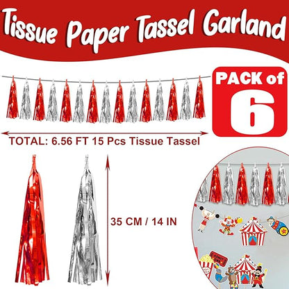 6P Red Silver Foil Fringe Metallic Tassel Streamers Banner Tassel Garland for Parade Floats, Bachelorette, Wedding, Birthday, Graduation, Christmas, Bridal/Baby Shower Party Decorations