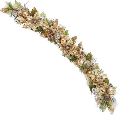 5 ft Christmas Garland for Mantle Unlit Garland for Stairs Railing, Banister, Staircase, Fireplace, for Table No Light, Garland Decor Frosted Red Poinsettia Holiday Tree (Glittery Champagne Gold)