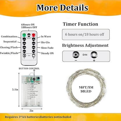 2-Pack 50 LED Fairy Lights Battery Operated with Remote Control Timer, 16 FT 50 LED Battery Lights Outdoor Indoor, 8 Mode Twinkle String Lights for Classroom Party Bedroom Christmas Décor (Warm White)