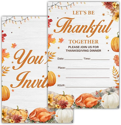 Thanksgiving Party Invitations, Fall Pumpkins Friendsgiving Thanksgiving Dinner Party Fill in Invites Cards With Envelopes (20 Count) Double Sided Design, Let's be Thankful Together