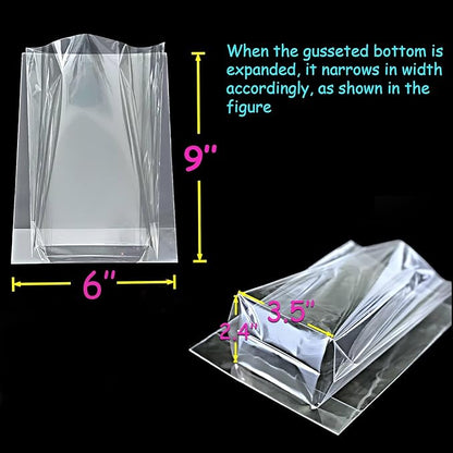 PigPotParty 6"x 9", 100Pcs Bottom Gusset Bags, Clear Plastic Cellophane Treat Goodie Bags with Ties for Party Favor, Candy, Cookie, Popcorn, Small Gift Wrapping (No Side Gusset)