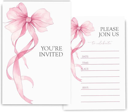 Pink Bow Birthday Invitations for Girls, Elegant Bow Birthday Party Invitaions for Girls Coquette Party Invites, 4x6 Inches, 30 Sets with Envelopes