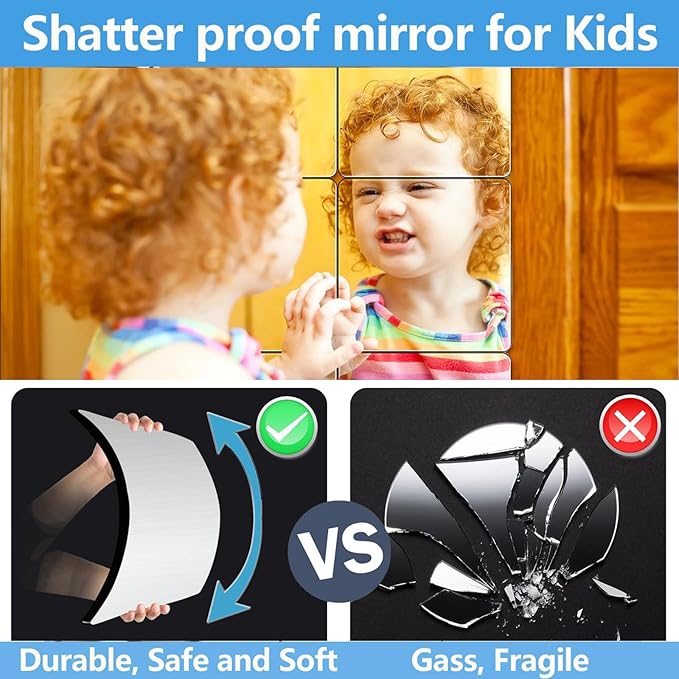 Unbreakable Acylic Small Mirror Tiles for Kids, (4-Pcs 11.5x11.5 Inch) Plastic Mirrors for Wall, Stick on Mirrors for Wall Decor, Shatterproof Mirror for Kids Bedroom