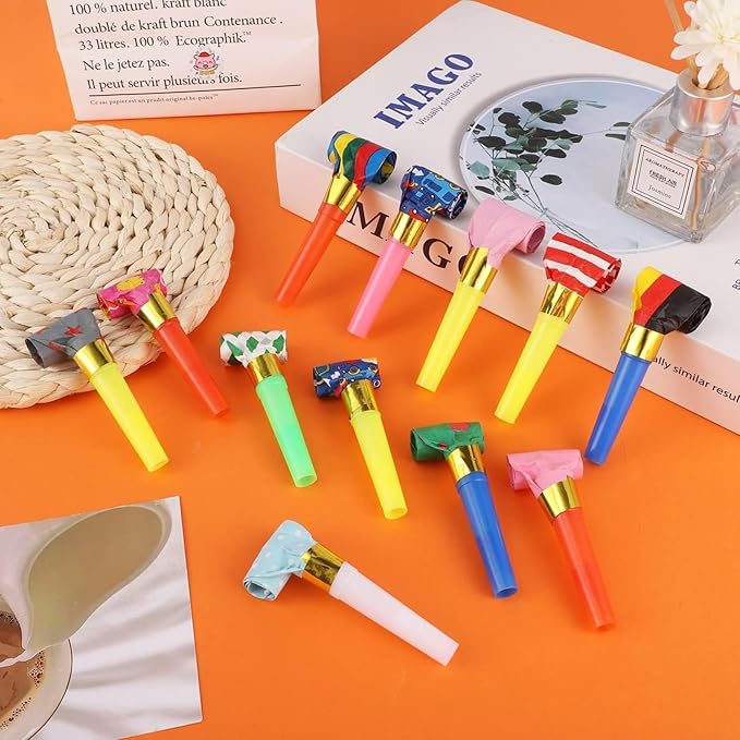 100PCS Multicolor Party Blowers & Whistles - 100 Count, Funny Noise Makers for Kids & Adults, Reusable Paper Blowers, Perfect for Birthdays, Weddings & More