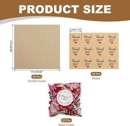 PATIKIL Dried Flower Confetti Cones, 30Pcs Paper Tapers Cone Holder with Dried Rose Petal / Sticker for Wedding Party Engagement Birthday DIY Decoration, Red/Purple