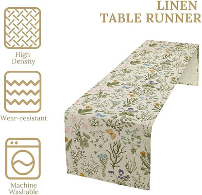 Wildflowers Floral Table Runner, Retro Flower Butterfly Seasonal Spring Summer Kitchen Dinning Table Runner for Indoor Outdoor Home Wedding Party Holiday, 13x36 Inch