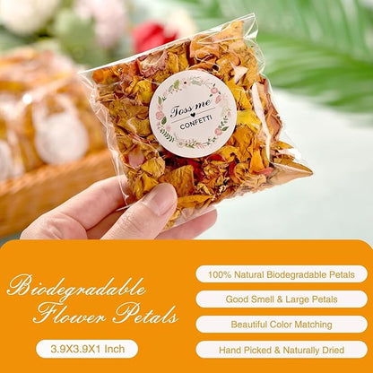 20 Pack Prefilled Confetti Packets,Biodegradable Flower Petals, Real Dried Flower Petals Individual Packing Rose Petals Wedding Send Off Ideas (Yellow Red Rose)