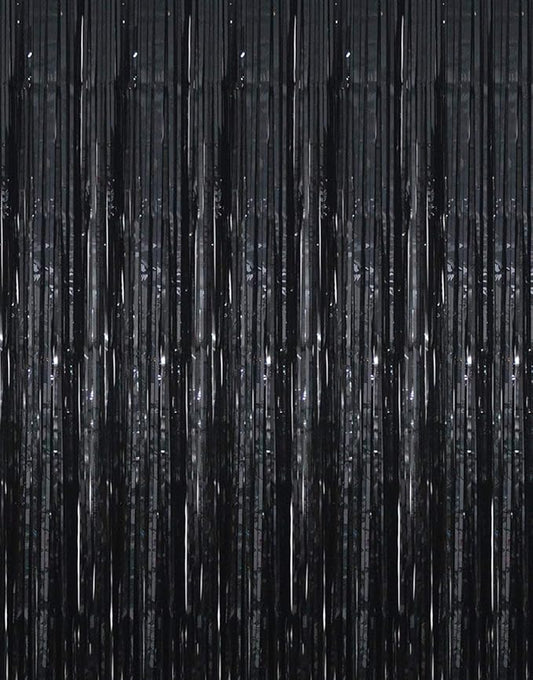 GOER 3.2 ft x 9.8 ft Black Photo Backdrop Party Streamers for Halloween,Birthday Party,1 Pack Black Metallic Tinsel Foil Fringe Curtains Party Decorations Wedding Decor