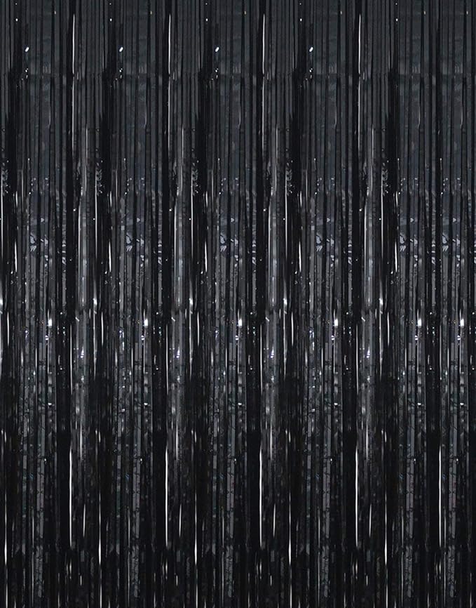 GOER 3.2 ft x 9.8 ft Metallic Tinsel Foil Fringe Curtains Party Photo Backdrop Party Streamers for Halloween,Birthday,Graduation,New Year Eve Decorations Wedding Decor (3 Packs,Black)