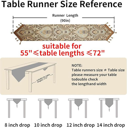 Luxury Vintage Design Table Runner 90 inches Long Embroidery Jacquard Fabric with Multi-Tassels Table Runners for Dining Room Dresser Wedding Holiday Party Fireplace Decorations (Coffee, 12X90inch)