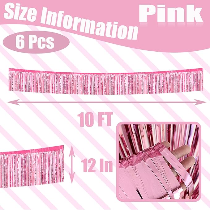 6 Pack 10 Feet Foil Fringe Garland Metallic Tinsel Streamers Banner Wall Hanging Curtain Backdrop Banner for Parade Floats, Thanksgiving, Christmas, Birthday, Halloween Party Decorations(Pink)