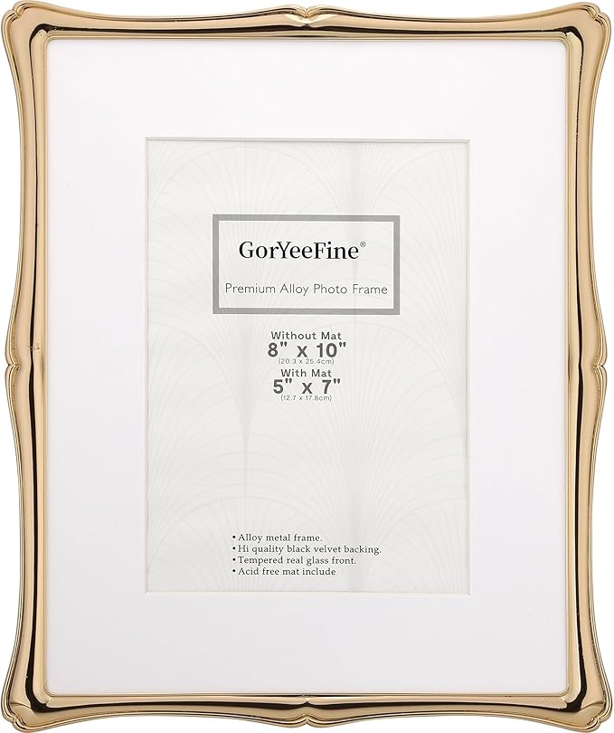 8 x 10'' Premium Alloy Gold Photo Frame with Acid Free 5x7'' Mat - High-End Décor Metal Frames 5x7'' with Black Velvet Back