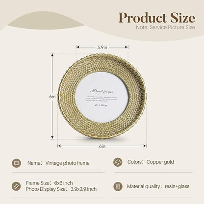 Cuspin Round Picture Frame 4x4 Vintage Gold Frames, Rattan Textured Hand-Crafted Photo Frame with Glass Front, Antique Picture Frame for Tabletop Display & Wall Display, Retro Design Home Decor