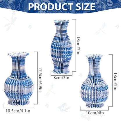 3 Pcs Blue and White Paper Honeycomb Vase, Foldable Decorative Vase with Magnetic Closure, Chinoiserie Décor Vase, Reusable Table Centerpiece for Wedding, Baby Shower, Home Decor